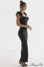 Black Satin Feather Charming Strap Maxi Dress image 8