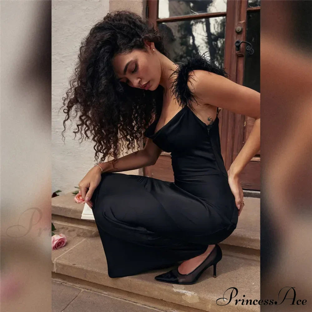 Black Satin Feather Charming Strap Maxi Dress image 3