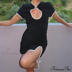 Black Short Sleeve Charming White Trim Mini Dress image 8