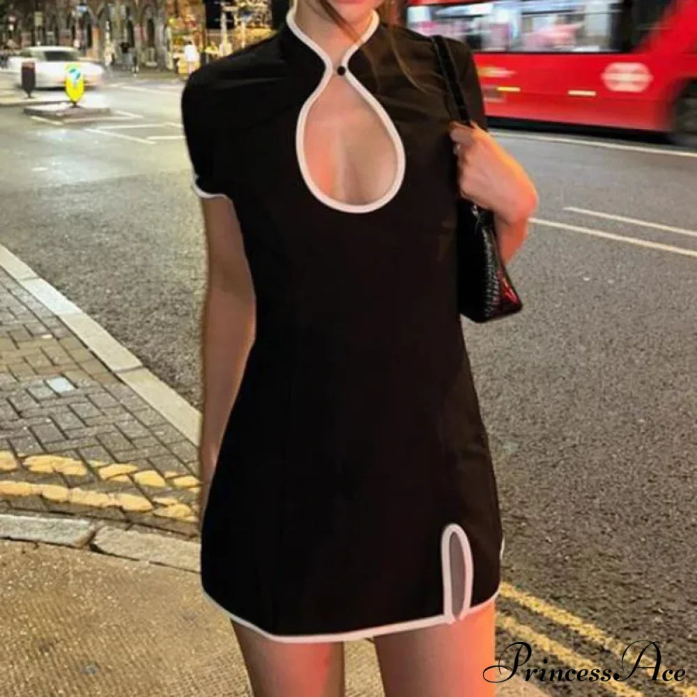 Black Short Sleeve Charming White Trim Mini Dress image 2