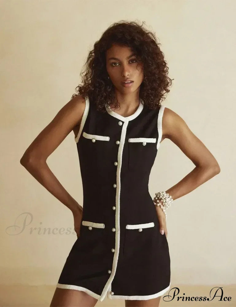 Black Sleeveless Contrast Charming Buttoned Mini Dress image 17