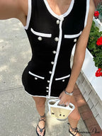 Black Sleeveless Contrast Charming Buttoned Mini Dress image 2