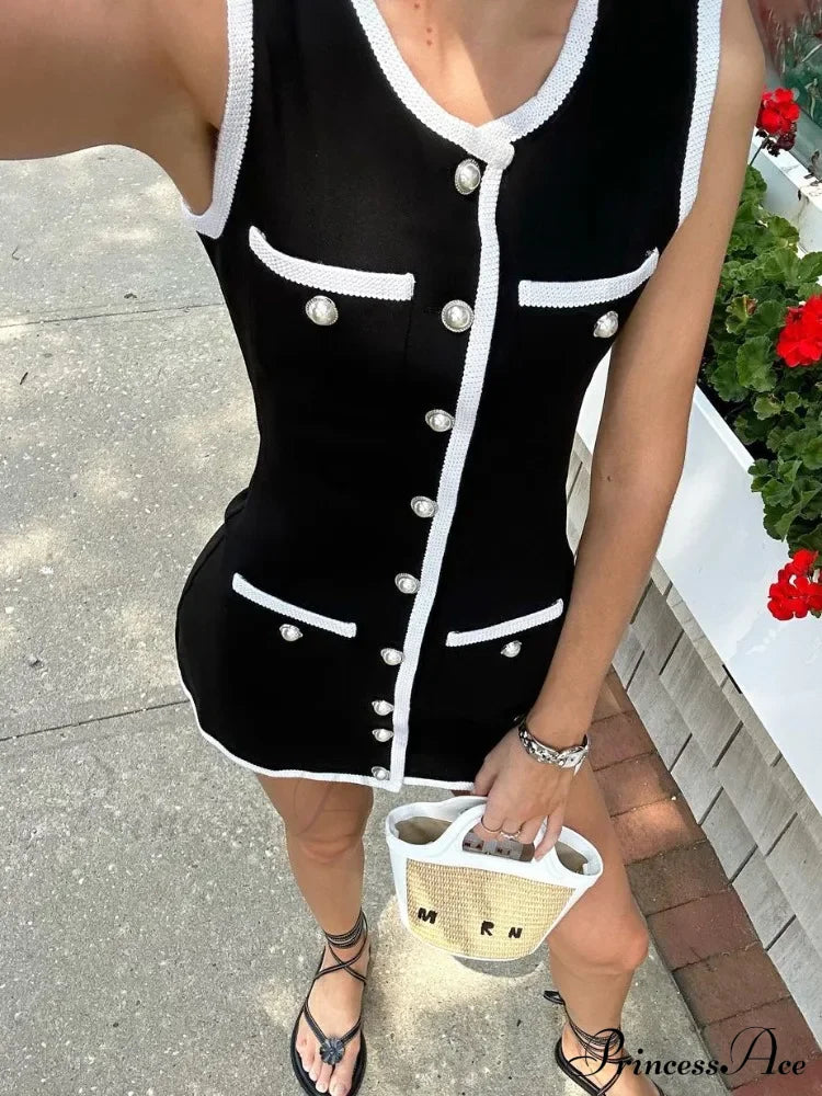 Black Sleeveless Contrast Charming Buttoned Mini Dress image 2