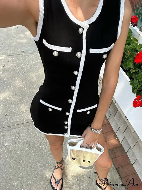 Black Sleeveless Contrast Charming Buttoned Mini Dress image 2