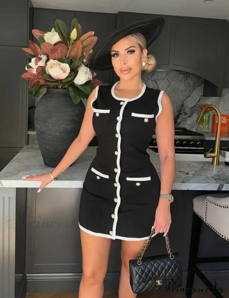 Black Sleeveless Contrast Charming Buttoned Mini Dress image 15