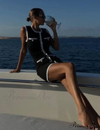 Black Sleeveless Contrast Charming Buttoned Mini Dress image 20