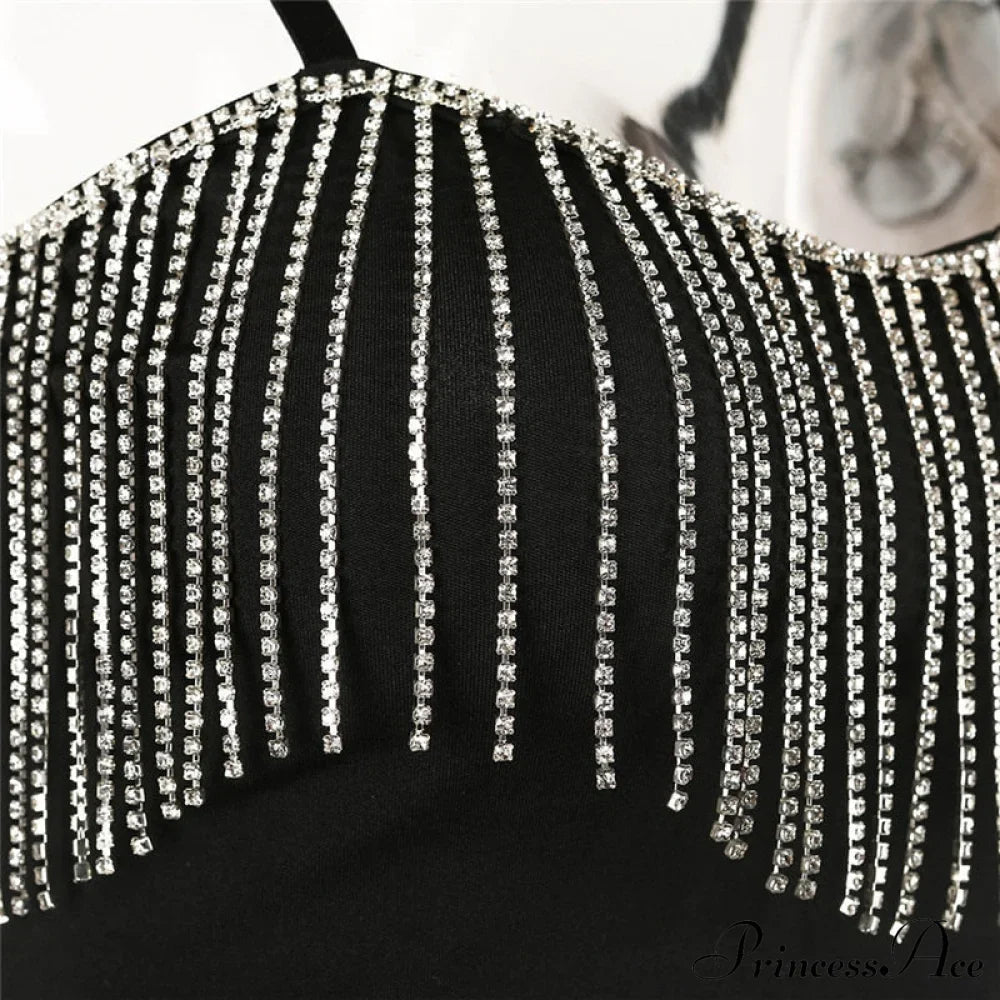 Black Strap Crop Charming Top With Rhinestone Fringe image 3