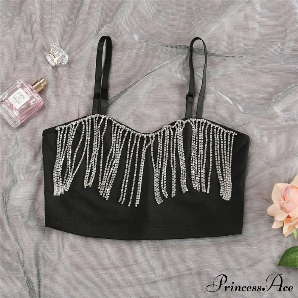 Black Strap Crop Charming Top With Rhinestone Fringe image 2