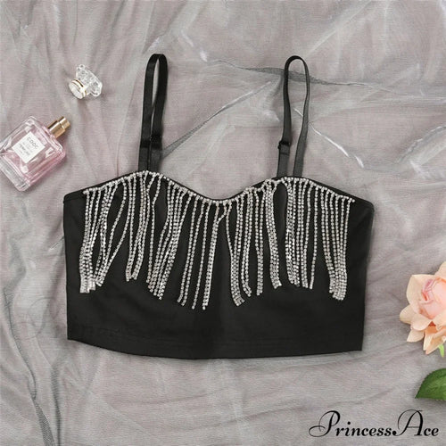Black Strap Crop Charming Top With Rhinestone Fringe image 2
