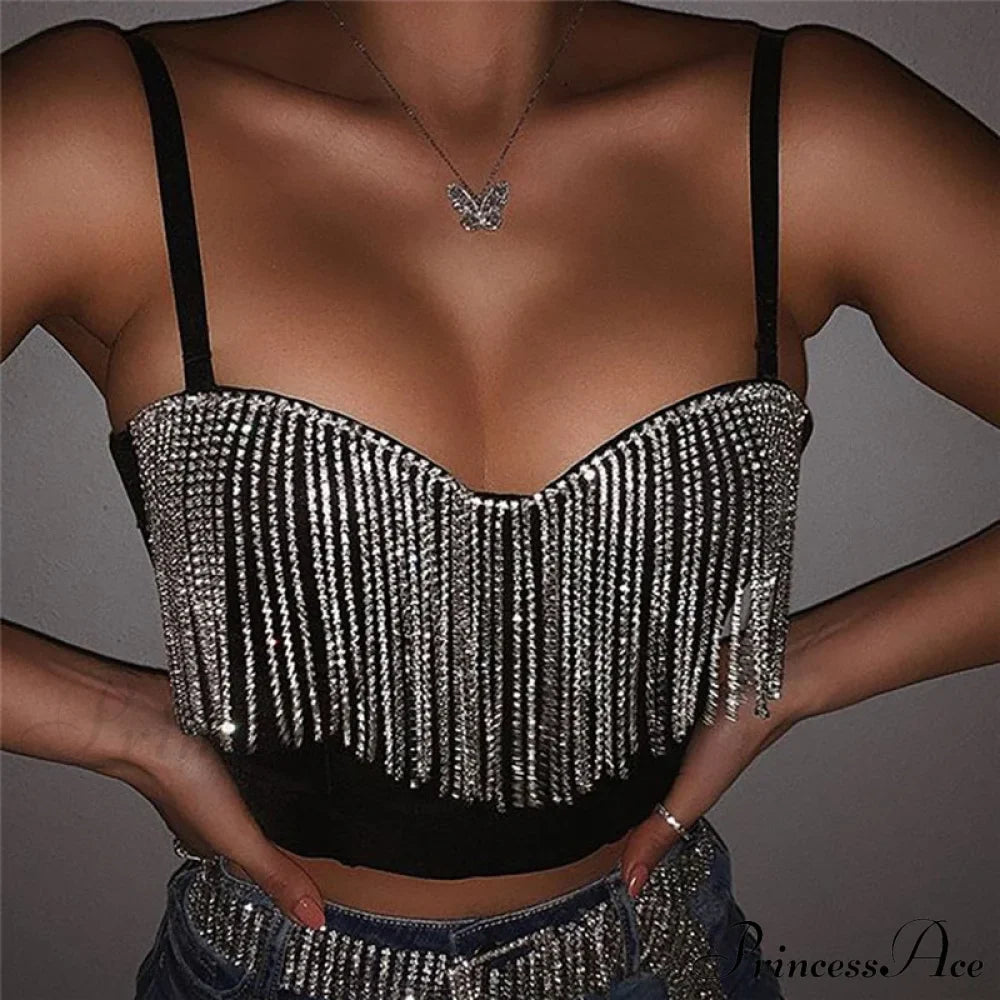 Black Strap Crop Charming Top With Rhinestone Fringe image 4