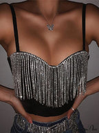 Black Strap Crop Charming Top With Rhinestone Fringe image 1
