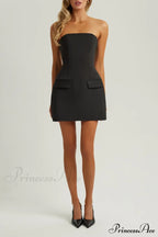 Black Strapless A Trendy Line Pocket Mini Dress image 1