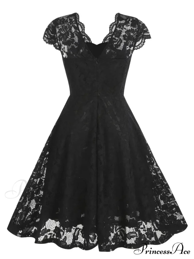 Black V Neck Cap Sleeve A Line Dress for Parties image 3