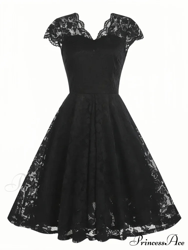 Black V Neck Cap Sleeve A Line Dress for Parties image 1