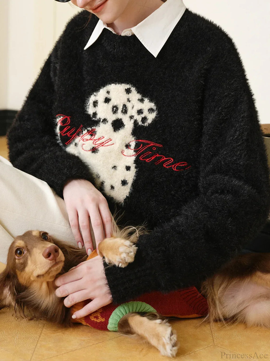 Black White Contrast Dalmatian Embroidered Sweater image 2