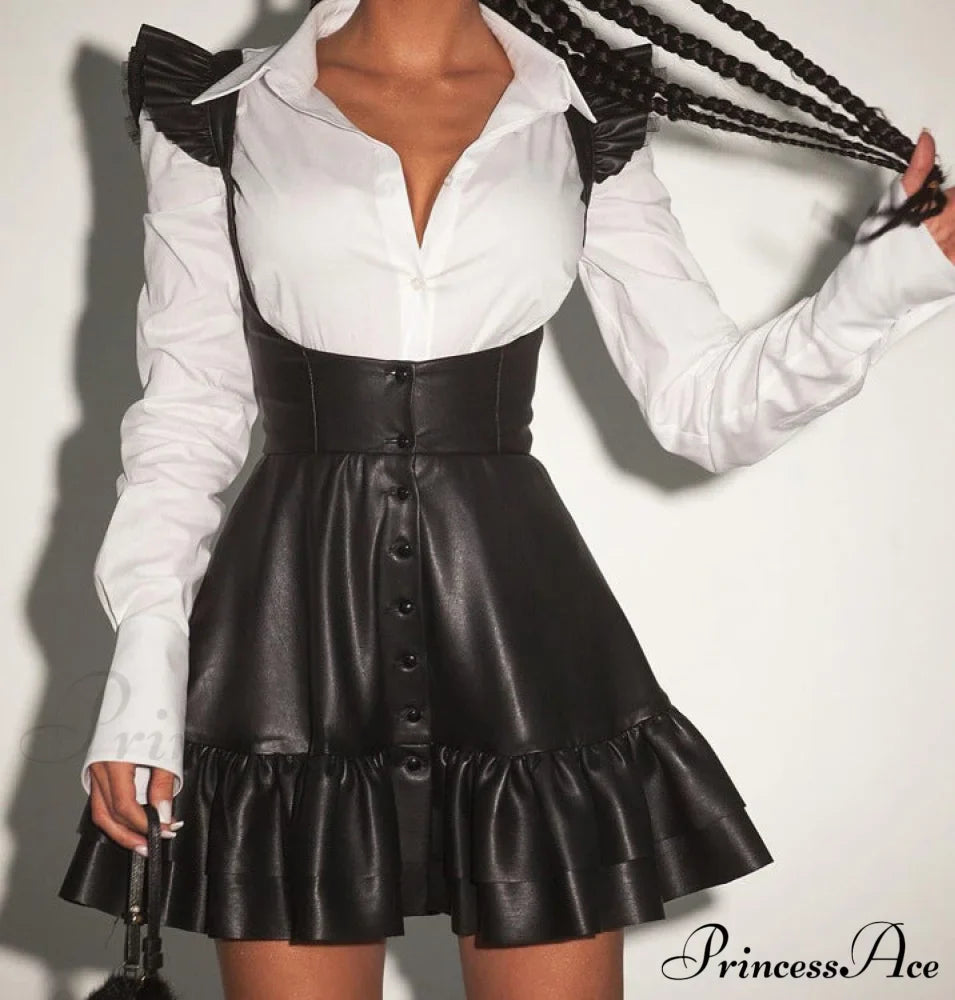 Black-White Contrast Long-Sleeve Skirt Suit image 3