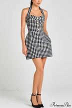 Black White Plaid Tweed Halter Party Dress image 4
