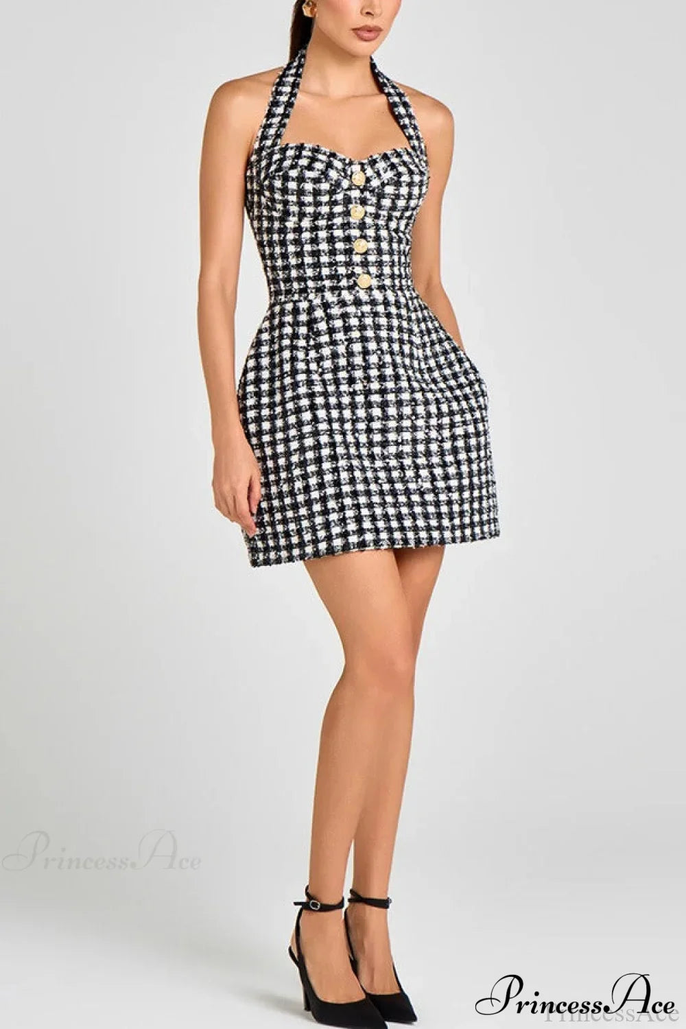 Black White Plaid Tweed Halter Party Dress image 4