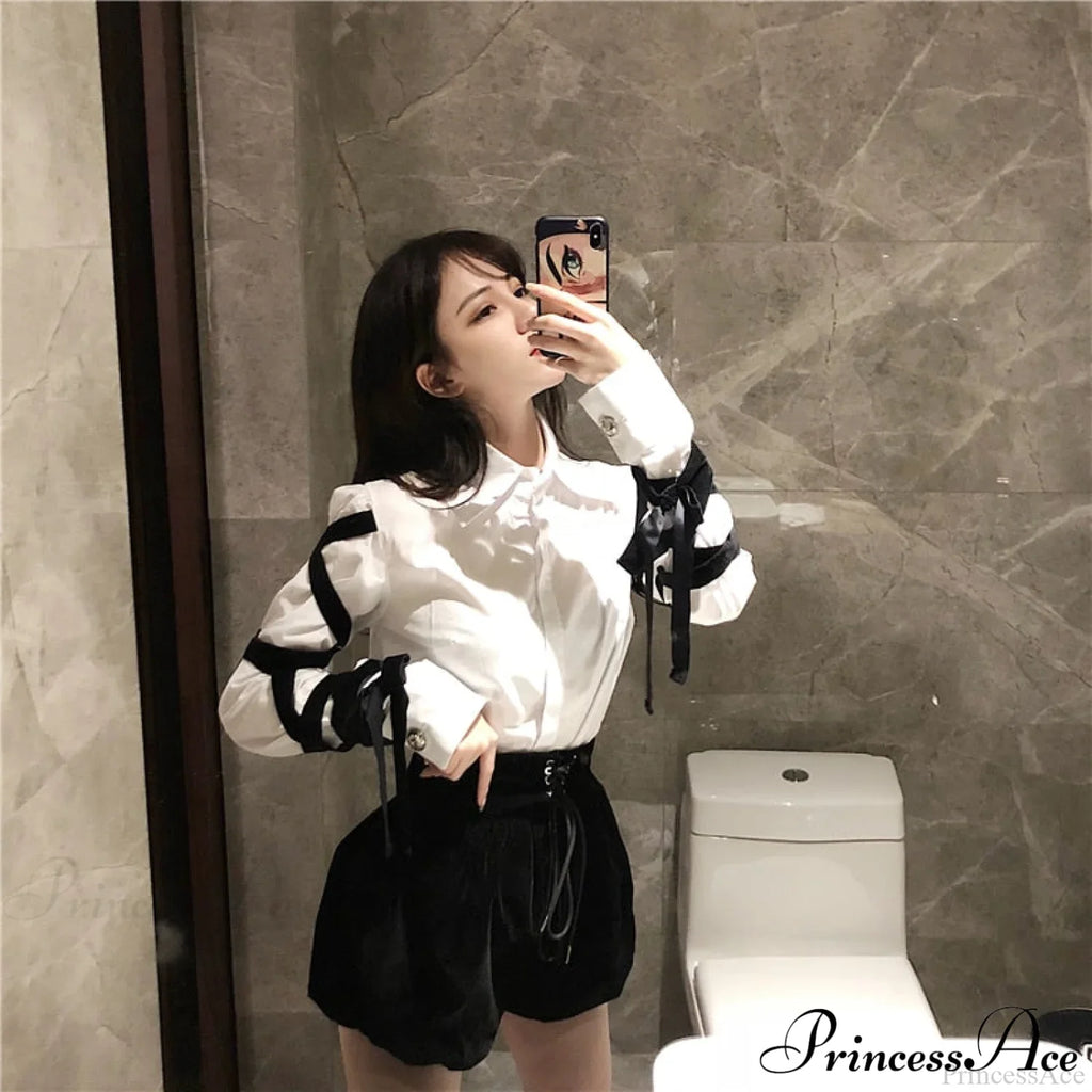 Blous Top Womens Spring Long Ribbons Arm Casual Black Stitching Office Blouse Lady Blouse image 2