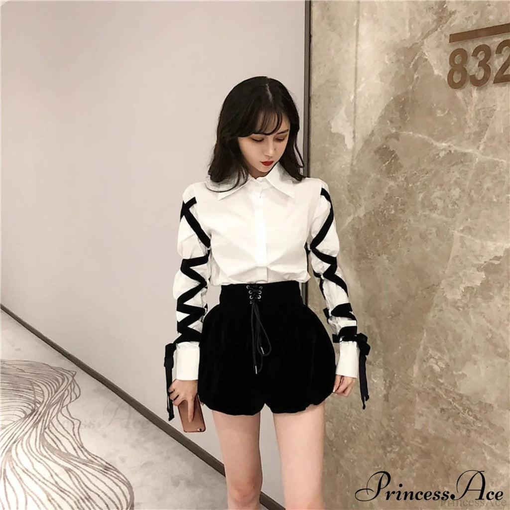 Blous Top Womens Spring Long Ribbons Arm Casual Black Stitching Office Blouse Lady Blouse image 5
