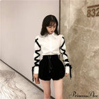 Blous Top Womens Spring Long Ribbons Arm Casual Black Stitching Office Blouse Lady Blouse image 5