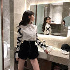 Blous Top Womens Spring Long Ribbons Arm Casual Black Stitching Office Blouse Lady Blouse image 6