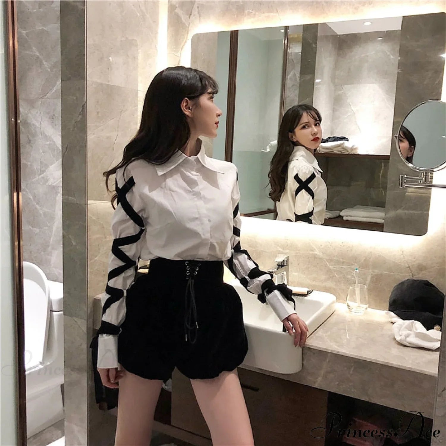 Blous Top Womens Spring Long Ribbons Arm Casual Black Stitching Office Blouse Lady Blouse image 6