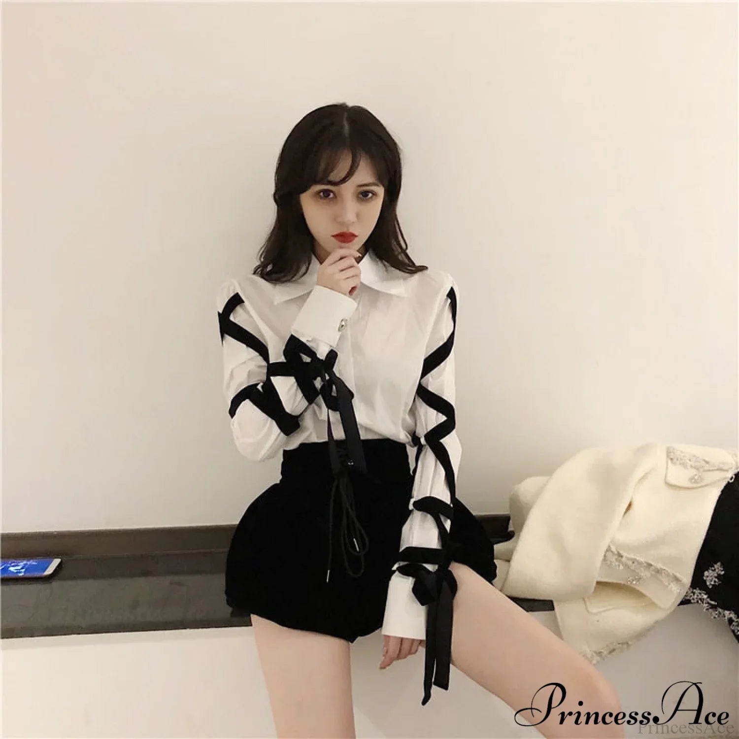 Blous Top Womens Spring Long Ribbons Arm Casual Black Stitching Office Blouse Lady Blouse image 3