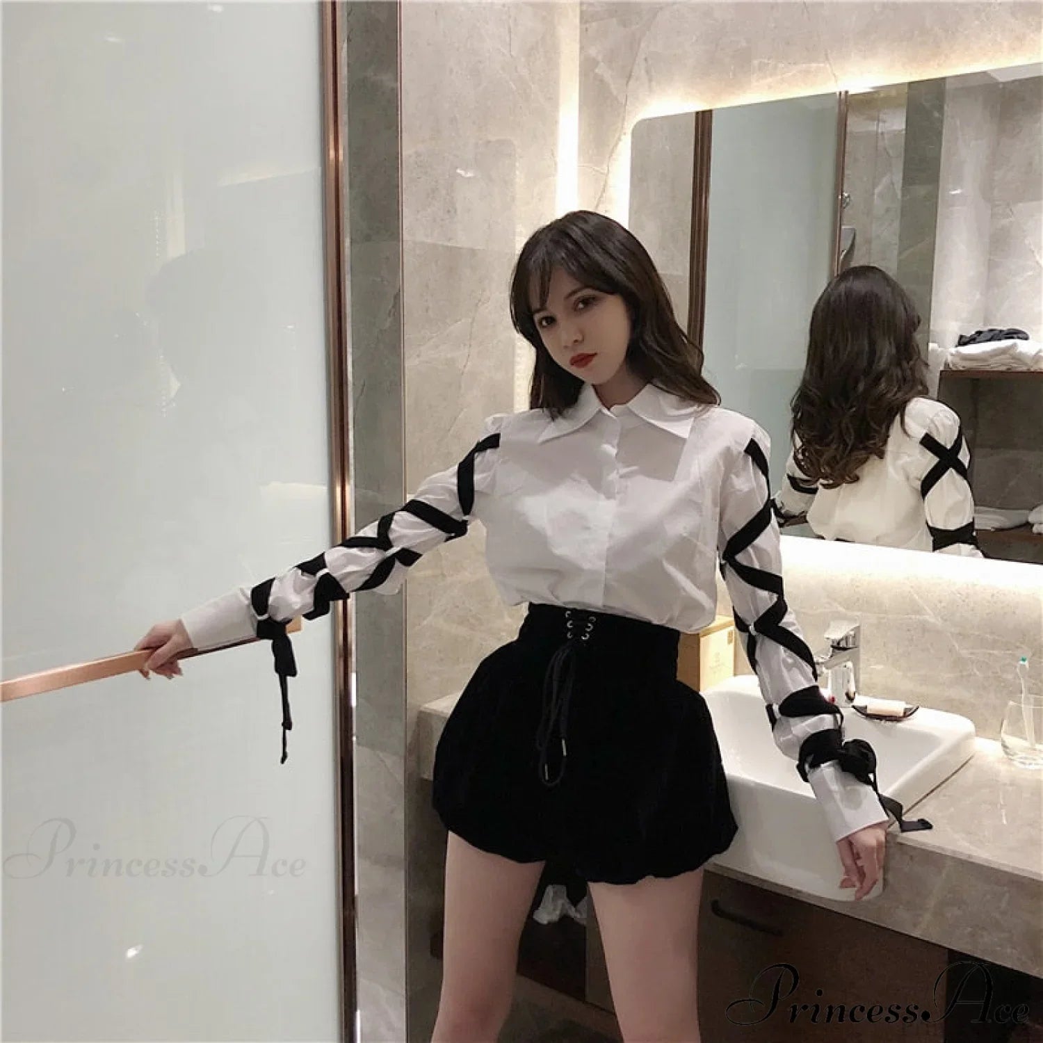 Blous Top Womens Spring Long Ribbons Arm Casual Black Stitching Office Blouse Lady Blouse image 4