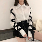 Blous Top Womens Spring Long Ribbons Arm Casual Black Stitching Office Blouse Lady Blouse image 1