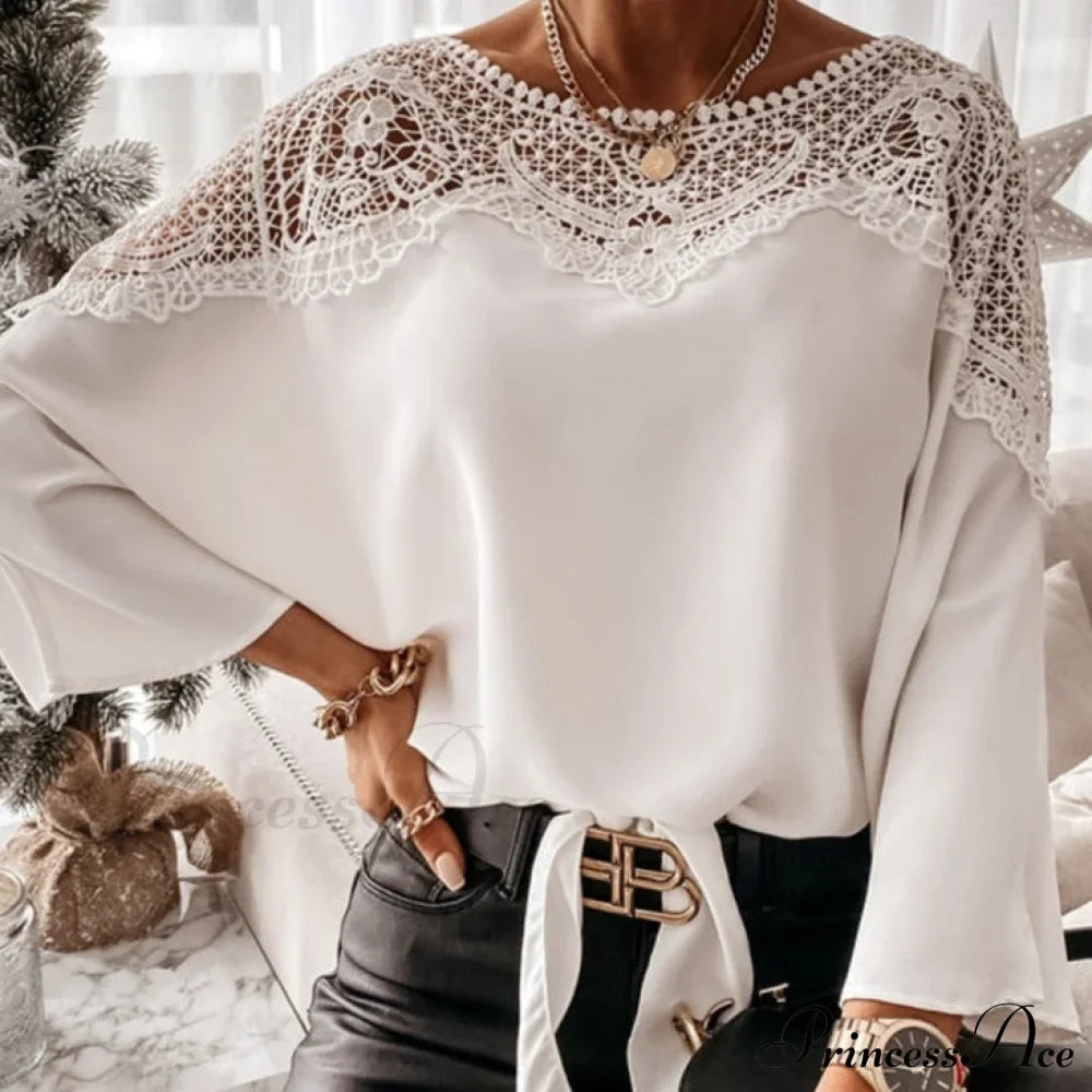 Blouse Embroidery Vintage Lace Elegant Top Women Blouse Crochet Autumn White Blusa Ladies 12459 image 1