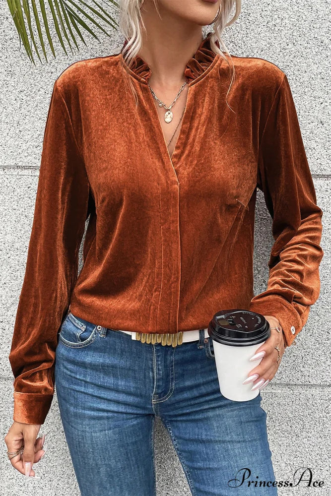 Blouse Frilled Flame Gold Velvet with Collar image 1