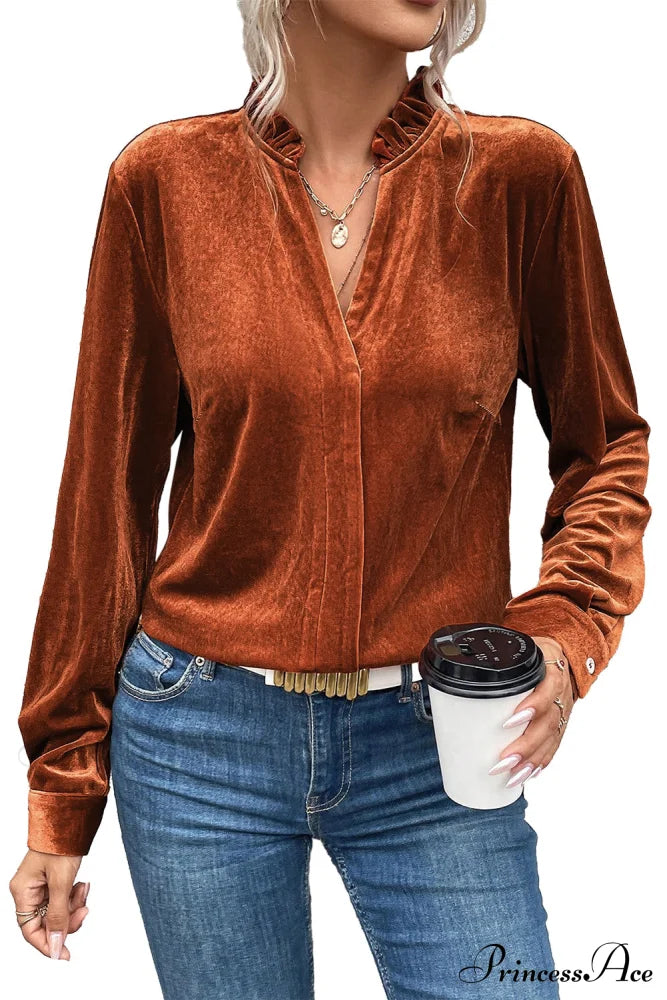 Blouse Frilled Flame Gold Velvet with Collar image 6