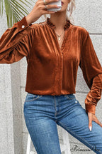 Blouse Frilled Flame Gold Velvet with Collar image 4