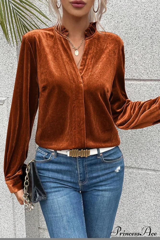 Blouse Frilled Flame Gold Velvet with Collar image 3