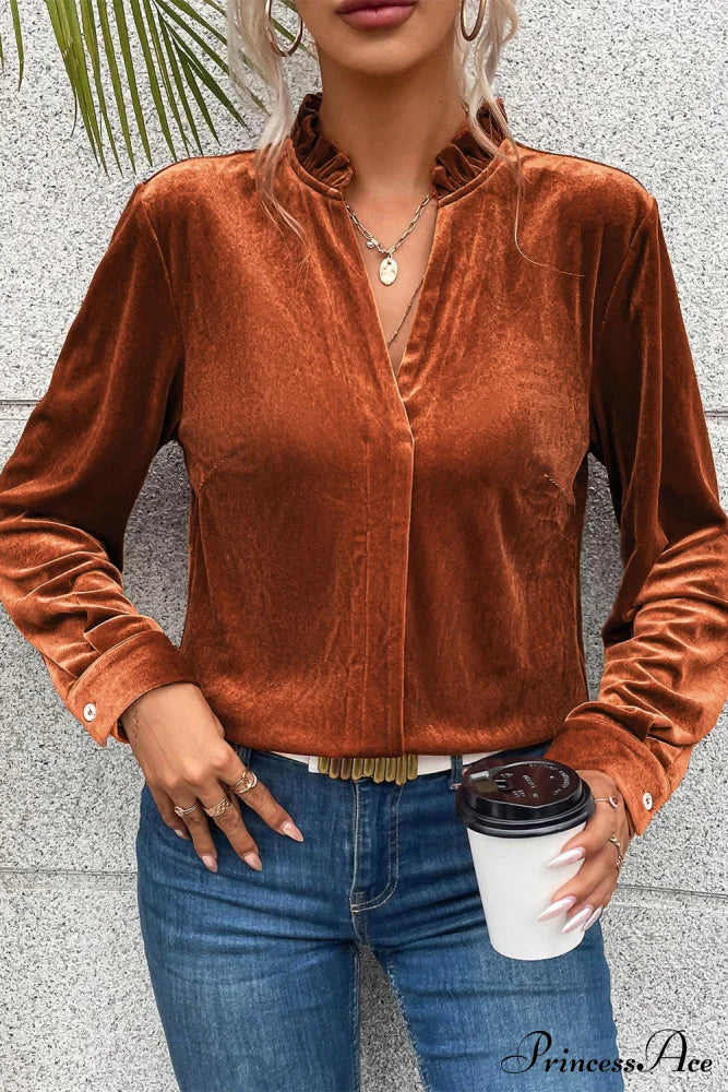 Blouse Frilled Flame Gold Velvet with Collar image 5