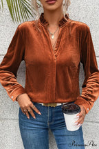 Blouse Frilled Flame Gold Velvet with Collar image 5