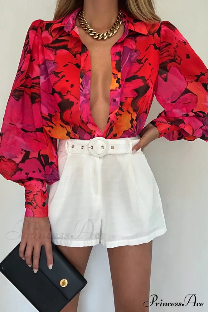 Blouse Lantern Arm Flowered Design in Red image 1