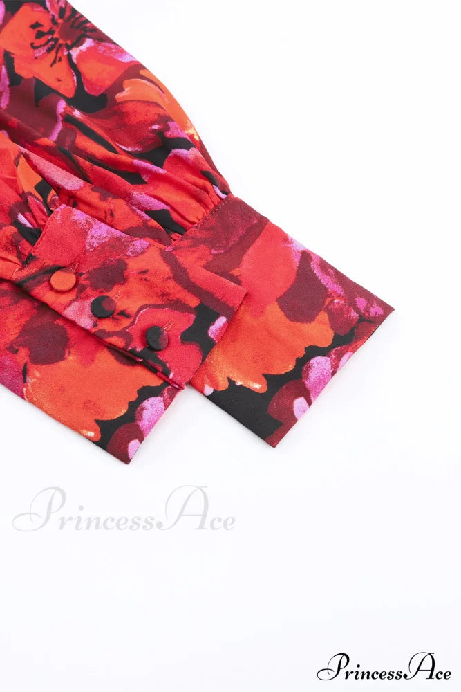 Blouse Lantern Arm Flowered Design in Red image 8