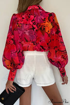 Blouse Lantern Arm Flowered Design in Red image 2