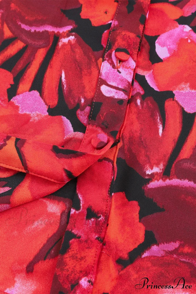 Blouse Lantern Arm Flowered Design in Red image 7