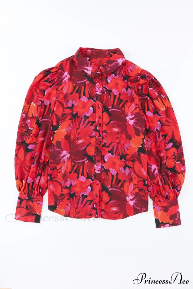 Blouse Lantern Arm Flowered Design in Red image 4