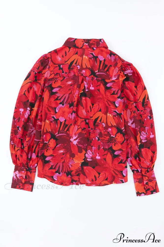 Blouse Lantern Arm Flowered Design in Red image 5