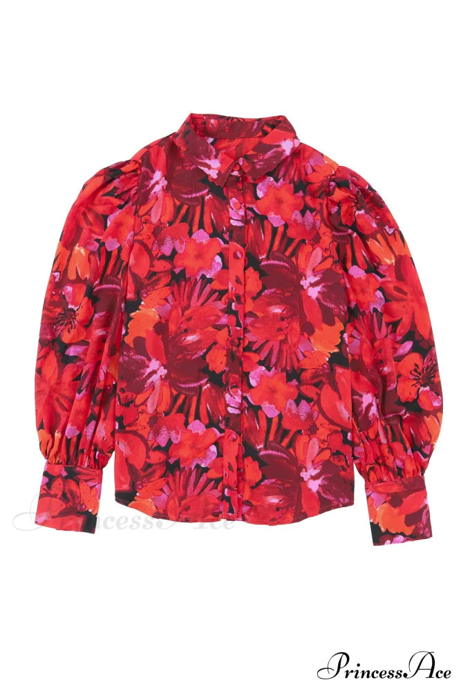 Blouse Lantern Arm Flowered Design in Red image 10