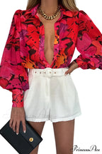 Blouse Lantern Arm Flowered Design in Red image 11
