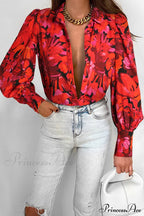 Blouse Lantern Arm Flowered Design in Red image 3