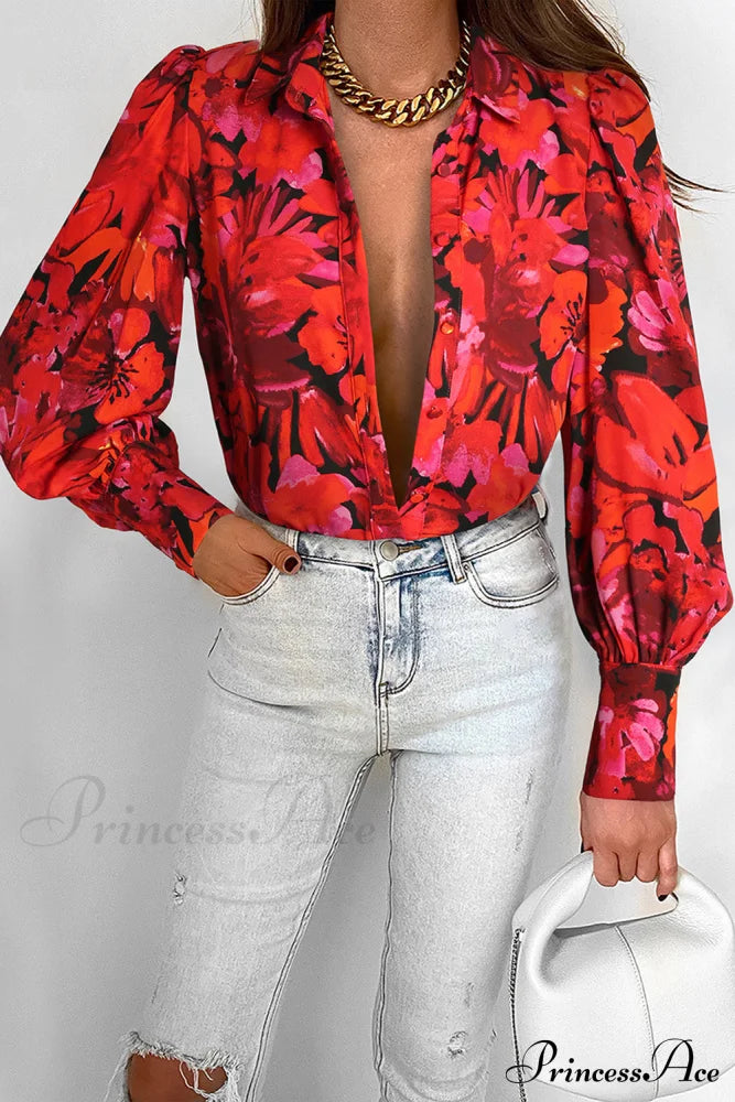 Blouse Lantern Arm Flowered Design in Red image 3
