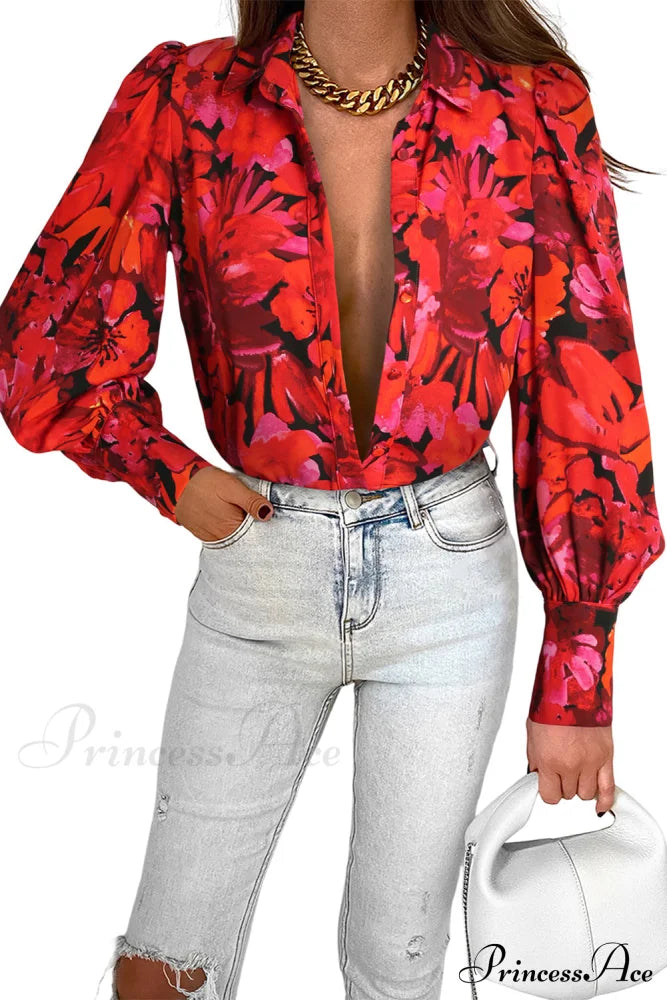 Blouse Lantern Arm Flowered Design in Red image 12