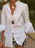 Blouse Office Arm - V Button Women's Flare Up White Neck Blouse image 2