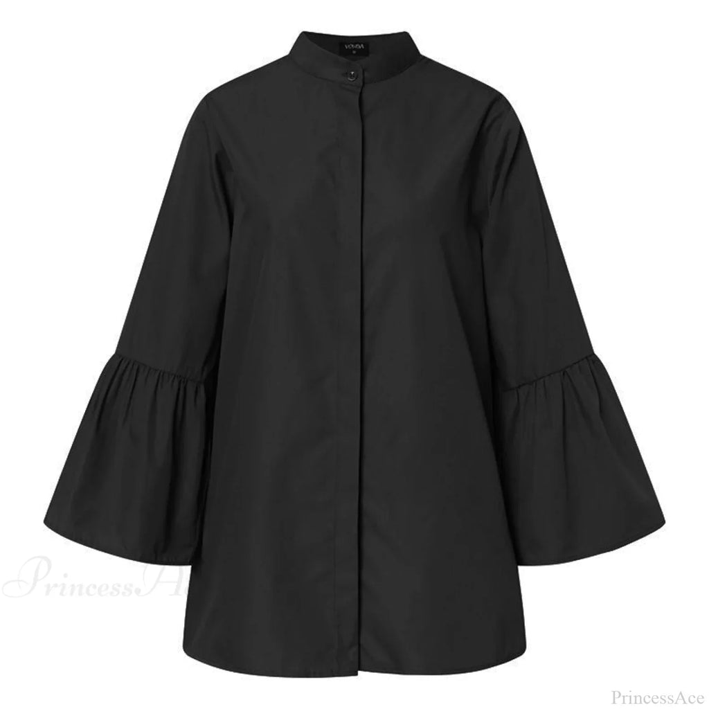 Blouse Office Arm - V Button Women's Flare Up White Neck Blouse image 7